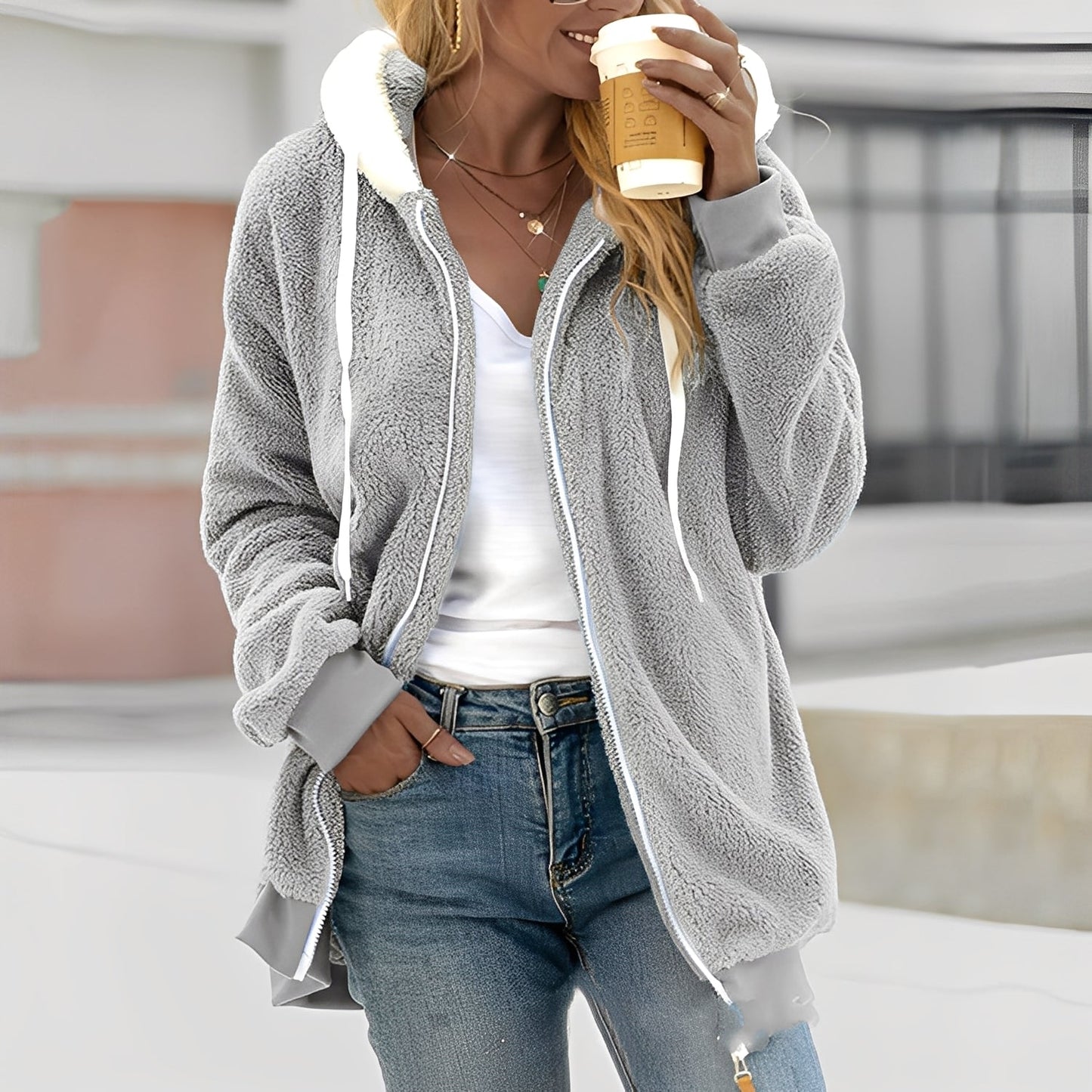 Rheanna - Jachetă călduroasă cu glugă din polar pentru femei