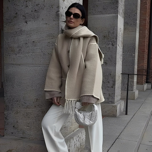 Amilia - Jachetă de lână stilată și lejeră cu eșarfă pentru femei